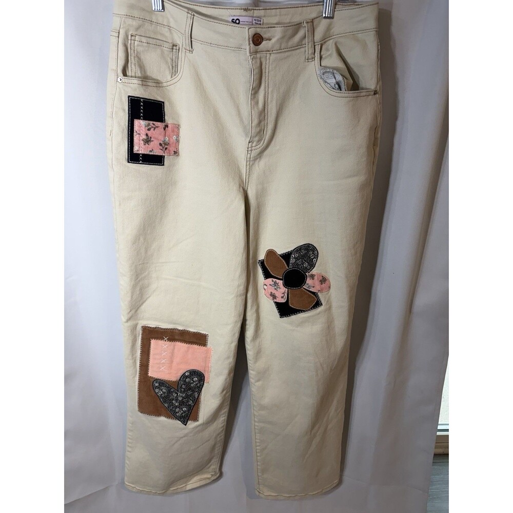 SO Sz 15/32 Wide Leg Cream Patchwork Applique Jeans Y2K Boho Cottagecore
